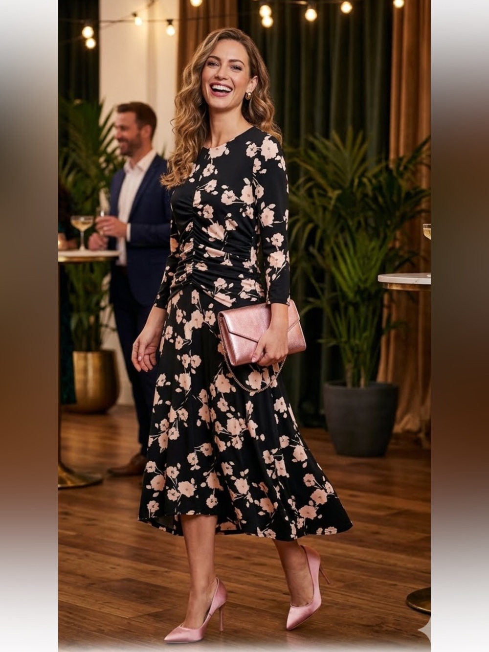 Maggy London Floral Ruched Black & Blush Maxi Dress Size 10 New